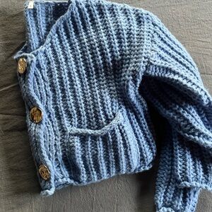 Handmade Chunky Blue Knit Cropped Cardigan